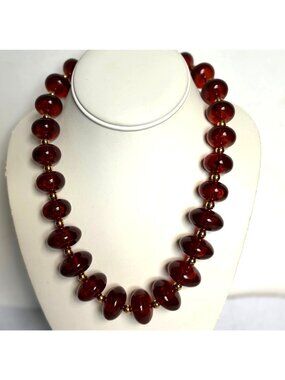Vintage Kenneth Jay Lane KJL Faux Amber Bead Necklace Gold Tone Accents Chunky